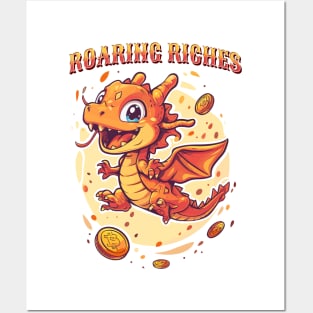 Chinese New Year Roaring Riches: Playful Dragon and Lucky Gold Coin Posters and Art